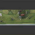 Cartoon Countryside Scene with Green Grass Small Houses Windmills Path and White Fence