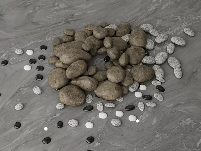 Natural Pebbles In Various Colors And Sizes Scattered On Gray Surface 3d model