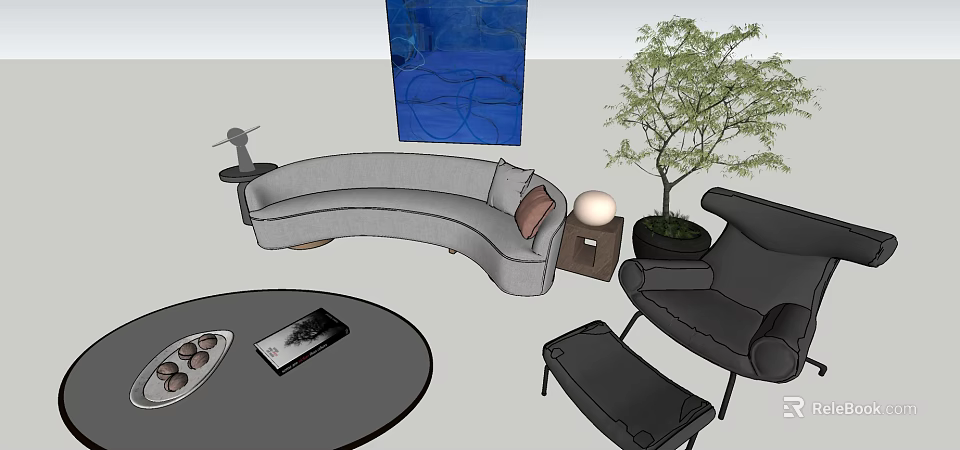 Gray Curved Sofa and Round Coffee Table Set with Blue Art Potted Plant and Lamp 3d model 