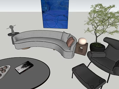 Gray Curved Sofa and Round Coffee Table Set with Blue Art Potted Plant and Lamp 3d model
