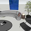 Gray Curved Sofa and Round Coffee Table Set with Blue Art Potted Plant and Lamp