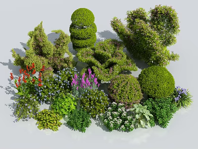 Diverse Garden Shrubs With Trimmed Shapes Flowering Blooms And Green Foliage 3d model