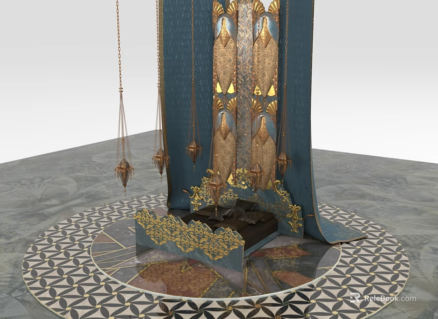 Luxurious Double Bed Design With Blue Canopy Gold Accents And Geometric Floor Pattern 3d model 