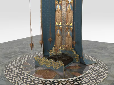 Luxurious Double Bed Design With Blue Canopy Gold Accents And Geometric Floor Pattern 3d model