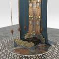 Luxurious Double Bed Design With Blue Canopy Gold Accents And Geometric Floor Pattern