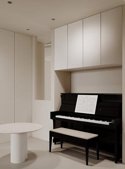 Study Room Interior Design With Black Piano Sheet Music White Cabinets And White Round Table 3d model