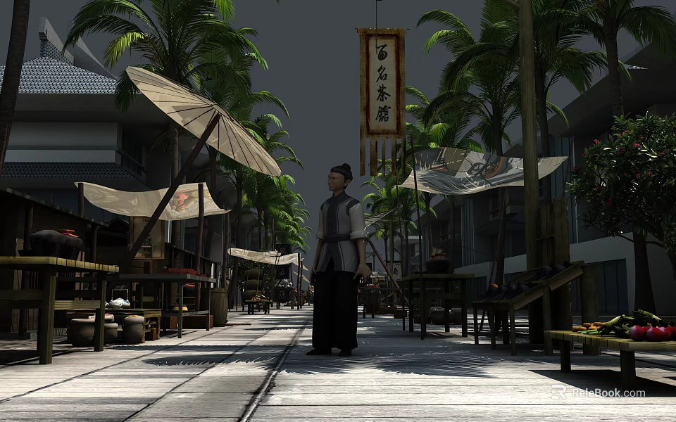 Animated Vintage Street Scene With Character Palm Trees Hanging Umbrellas and Chinese Sign 3d model 