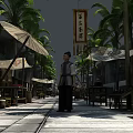 Animated Vintage Street Scene With Character Palm Trees Hanging Umbrellas and Chinese Sign