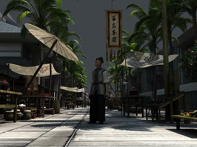 Animated Vintage Street Scene With Character Palm Trees Hanging Umbrellas and Chinese Sign 3d model