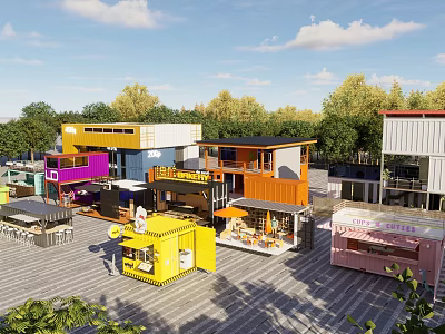 Colorful Container Commercial Street With Modern Shops Outdoor Seating And Green Trees 3d model