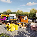 Colorful Container Commercial Street With Modern Shops Outdoor Seating And Green Trees
