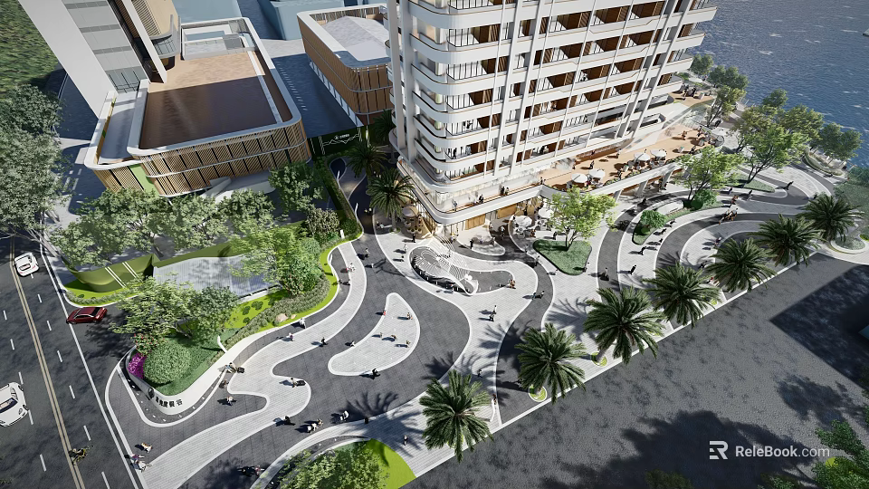 Modern Commercial Landscape With Tall Building Plaza Greenery Palm Trees Pathways And Pedestrians 3d model 