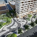 Modern Commercial Landscape With Tall Building Plaza Greenery Palm Trees Pathways And Pedestrians
