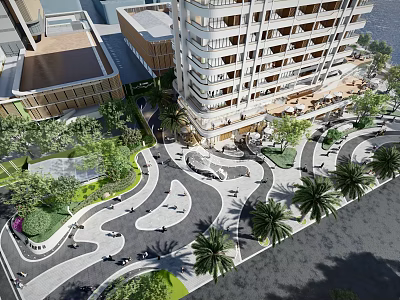 Modern Commercial Landscape With Tall Building Plaza Greenery Palm Trees Pathways And Pedestrians 3d model
