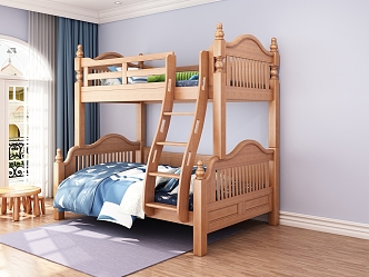 American Style Bed Children's Bed High and Low Bed Mother Bed Solid Wood Simple Roman Column 3d model