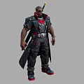 A Man Wearing Black And Red Tactical Gear With Sword On Back Standing Pose