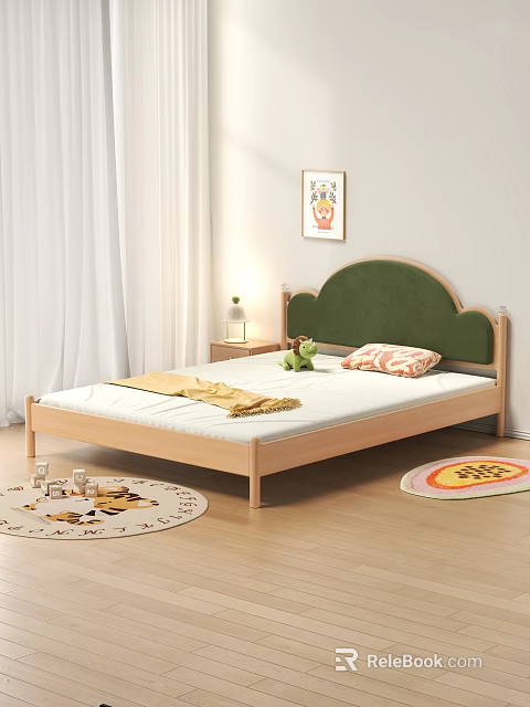 Kids Bed with Green Cloud Headboard Wooden Frame Yellow Blanket Pink Pillow and Plush Toy 3d model 