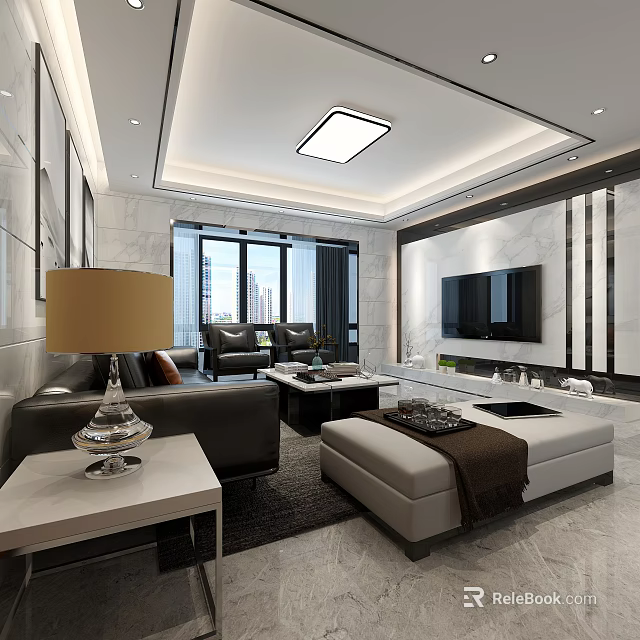 Modern Living And Dining Area Interior With Sofa Coffee Table TV And Large Windows 3d model 