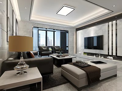 Modern Living And Dining Area Interior With Sofa Coffee Table TV And Large Windows 3d model