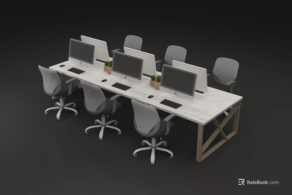 Long Office Desk Setup With Multiple Computer Monitors Ergonomic Chairs And Small Potted Plants 3d model 