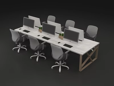 Long Office Desk Setup With Multiple Computer Monitors Ergonomic Chairs And Small Potted Plants 3d model