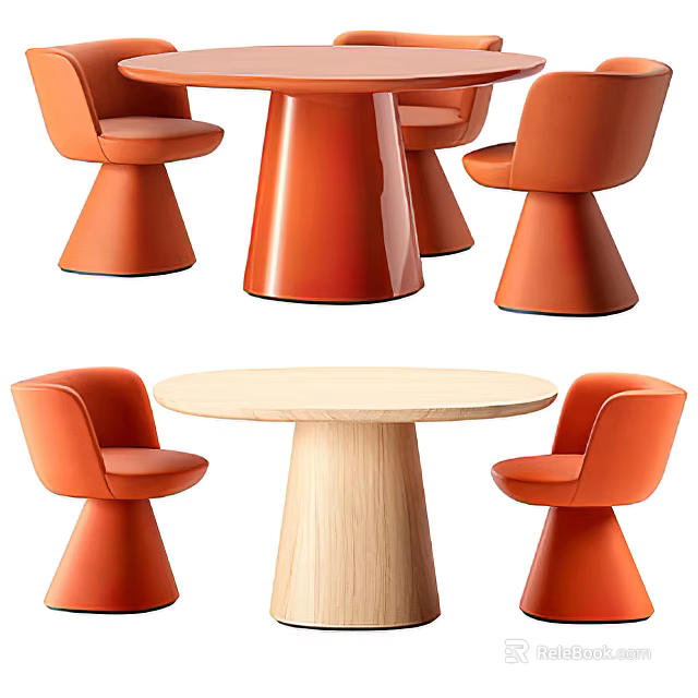 Modern Dining Table Set With Round Light Wood Top And Orange Chairs 3d model 