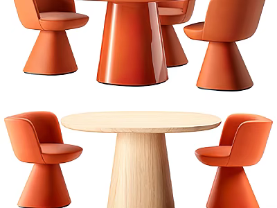 Modern Dining Table Set With Round Light Wood Top And Orange Chairs 3d model