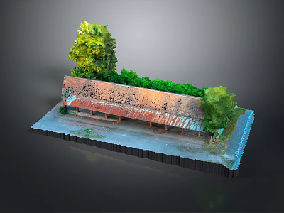 Cartoon Scene Featuring Textured Brick Wall Green Trees Wooden Roof And Small Platform 3d model