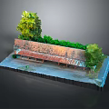 Cartoon Scene Featuring Textured Brick Wall Green Trees Wooden Roof And Small Platform