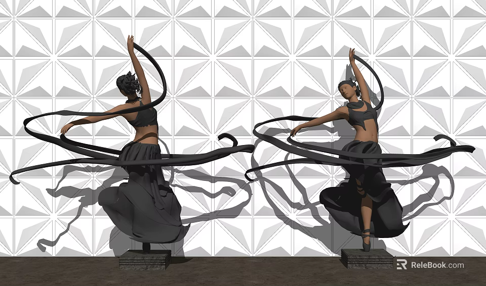 Decorative Figurine Set Black Female Dancer Statues Dynamic Flowing Skirt Design Geometric Patterned White Wall 3d model 