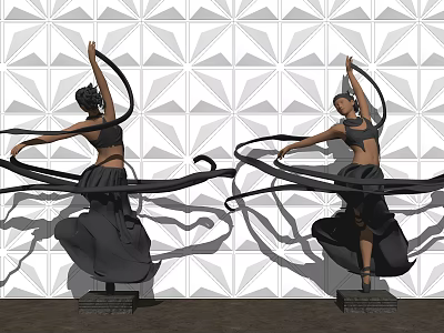Decorative Figurine Set Black Female Dancer Statues Dynamic Flowing Skirt Design Geometric Patterned White Wall 3d model