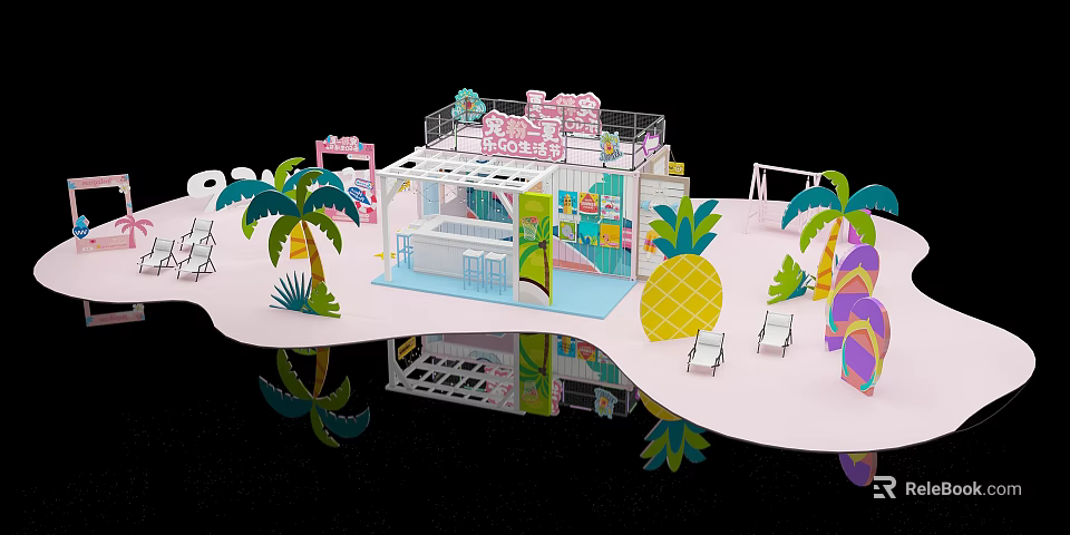 Pink Themed Exhibition Booth With Palm Trees Pineapple Decor And Counter Chairs 3d model 