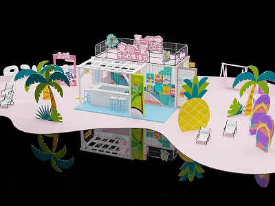 Pink Themed Exhibition Booth With Palm Trees Pineapple Decor And Counter Chairs 3d model