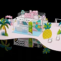 Pink Themed Exhibition Booth With Palm Trees Pineapple Decor And Counter Chairs