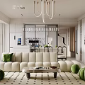 Modern Living and Dining Room Interior With White Walls Green Chairs And Marble Texture