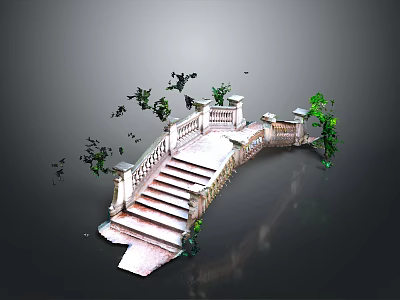 Ornate Stone Bridge with Staircase Railing and Green Trees by Water Reflection View 3d model
