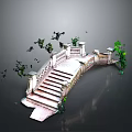 Ornate Stone Bridge with Staircase Railing and Green Trees by Water Reflection View