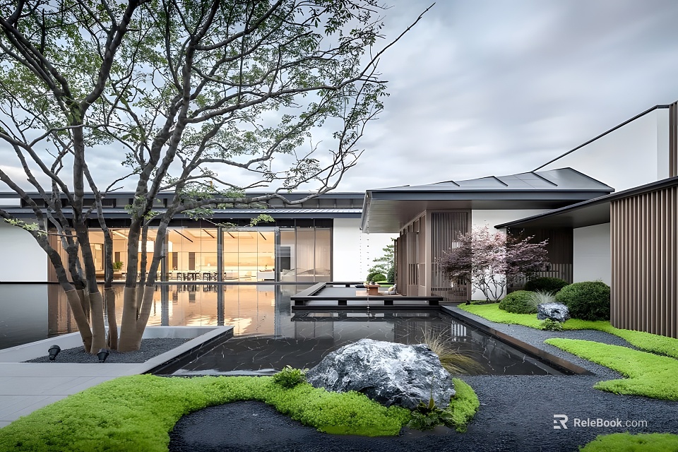 Modern Sales Office Architectural Design With Courtyard Water Pool Stone And Greenery 3d model 