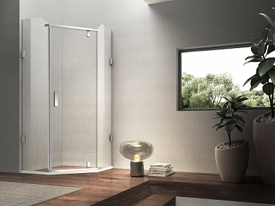 Shower Sauna Modern Interior Design With Transparent Glass Enclosure Wooden Floor Window And Potted Plant 3d model