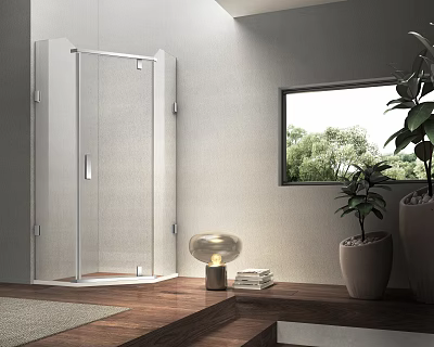 Shower Sauna Modern Interior Design With Transparent Glass Enclosure Wooden Floor Window And Potted Plant 3d model