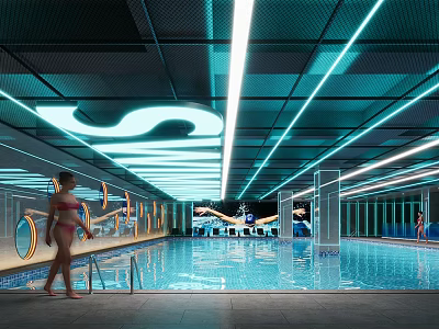 Modern Indoor Swimming Pool With Bright Lighting Diving Boards And Swimmers 3d model