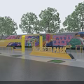Vibrant Urban Park Garden Landscape With Colorful Murals Yellow Facilities And Trees