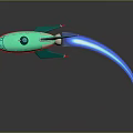 Flying 3D Green Red Spaceship Model With Blue Flame And Reflection