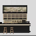 Japanese Wooden Bar Counter Interior With Wine Racks Hanging Lights And Stools