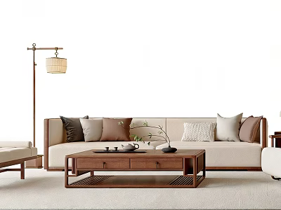 Minimalist Beige Sofa And Coffee Table Set With Colorful Pillows Wooden Tabletop And Floor Lamp 3d model