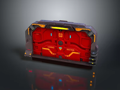 Futuristic Red Gate With Metallic Frame Illuminated Yellow Blue Lights And Control Panel Design 3d model