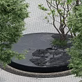 Tranquil Garden Landscape Featuring Circular Water Feature Surrounding Trees And Lush Greenery 3d model