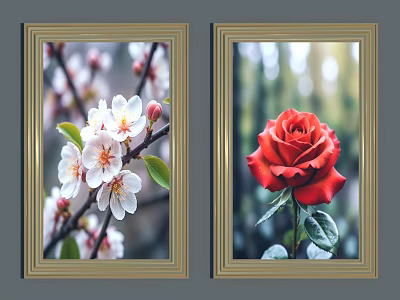 Two Framed Floral Wall Artworks With White Blossoms And Red Rose In Golden Frames 3d model