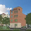 Three Story Red Brick Detached Villa Exterior Design With Balconies Windows And Trees