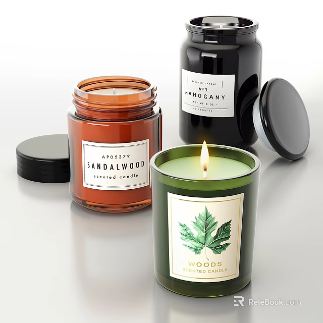 Scented Candles With Various Wood Scents In Colored Jars Black Lids And Leaf Labels 3d model 